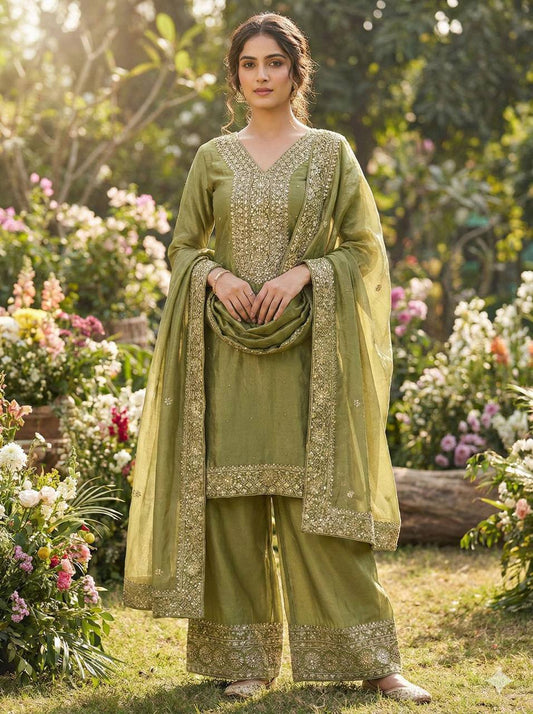 Premium Fendy Silk Top, Plazzo & Dupatta – Heavy Sequins Embroidery