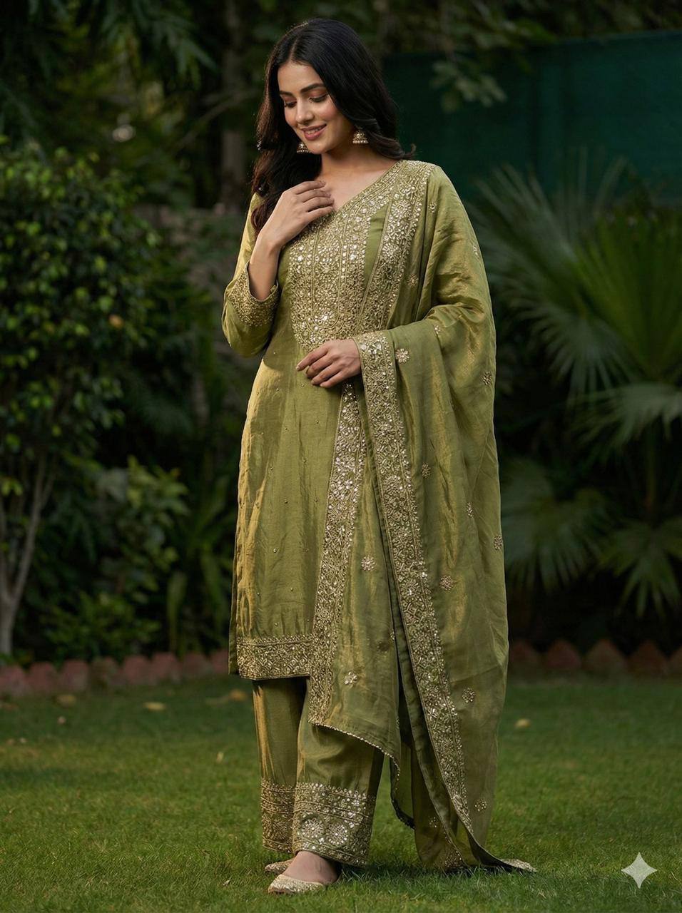 Premium Fendy Silk Top, Plazzo & Dupatta – Heavy Sequins Embroidery