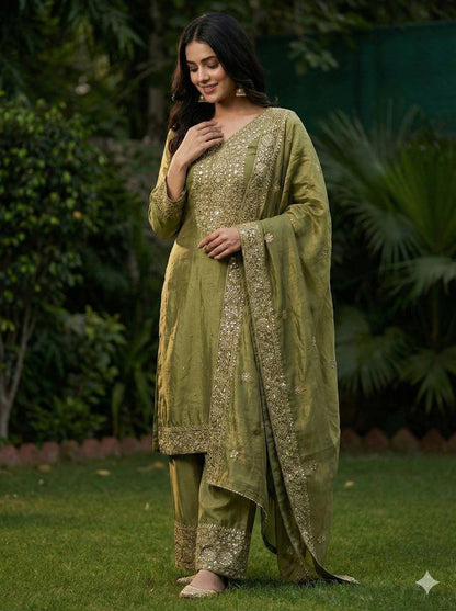 Premium Fendy Silk Top, Plazzo & Dupatta – Heavy Sequins Embroidery