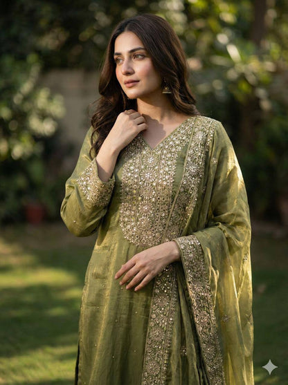 Premium Fendy Silk Top, Plazzo & Dupatta – Heavy Sequins Embroidery