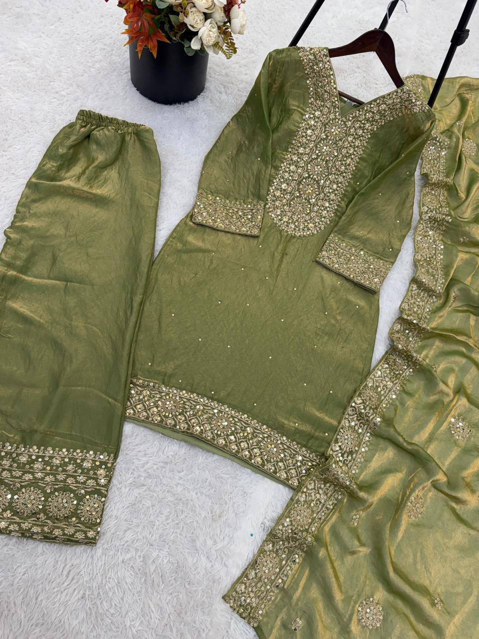 Premium Fendy Silk Top, Plazzo & Dupatta – Heavy Sequins Embroidery
