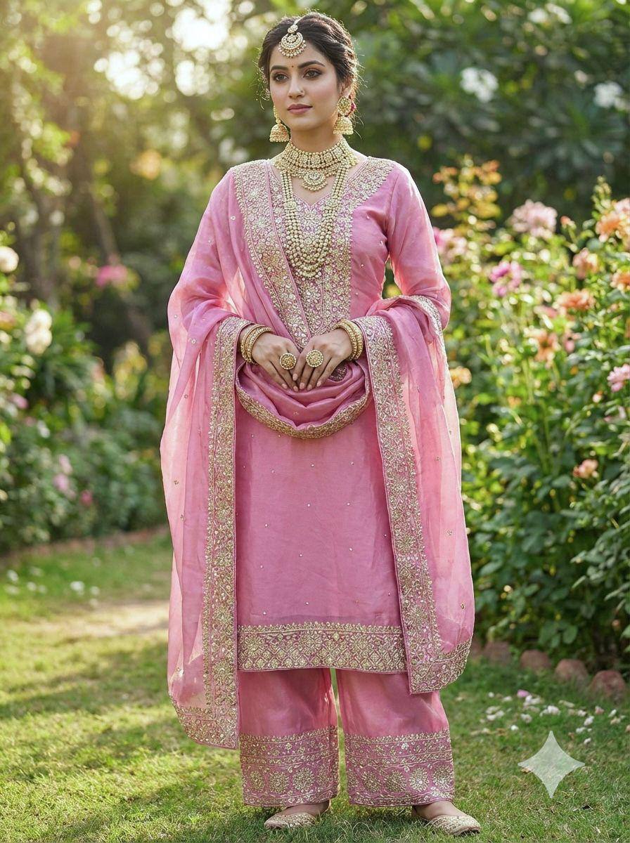 Premium Fendy Silk Top, Plazzo & Dupatta – Heavy Sequins Embroidery