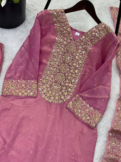 Premium Fendy Silk Top, Plazzo & Dupatta – Heavy Sequins Embroidery