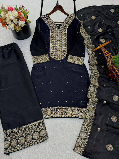 Premium Fendy Silk Top, Plazzo & Dupatta – Heavy Sequins Embroidery