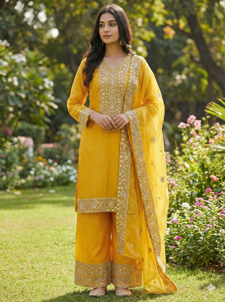 Premium Fendy Silk Top, Plazzo & Dupatta – Heavy Sequins Embroidery