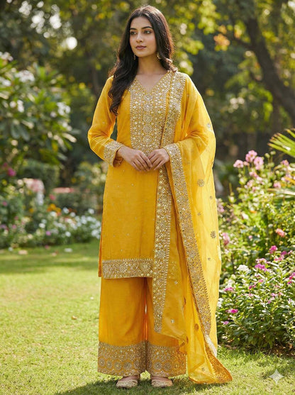 Premium Fendy Silk Top, Plazzo & Dupatta – Heavy Sequins Embroidery