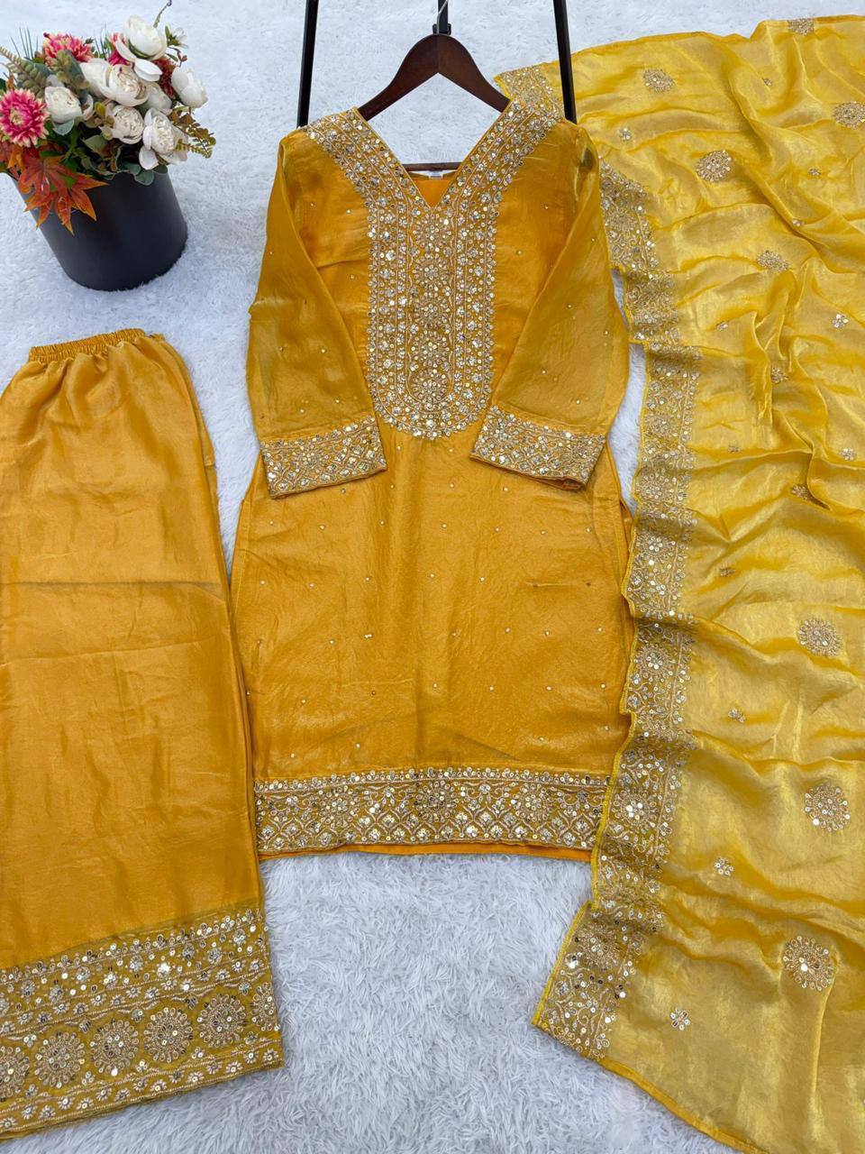Premium Fendy Silk Top, Plazzo & Dupatta – Heavy Sequins Embroidery