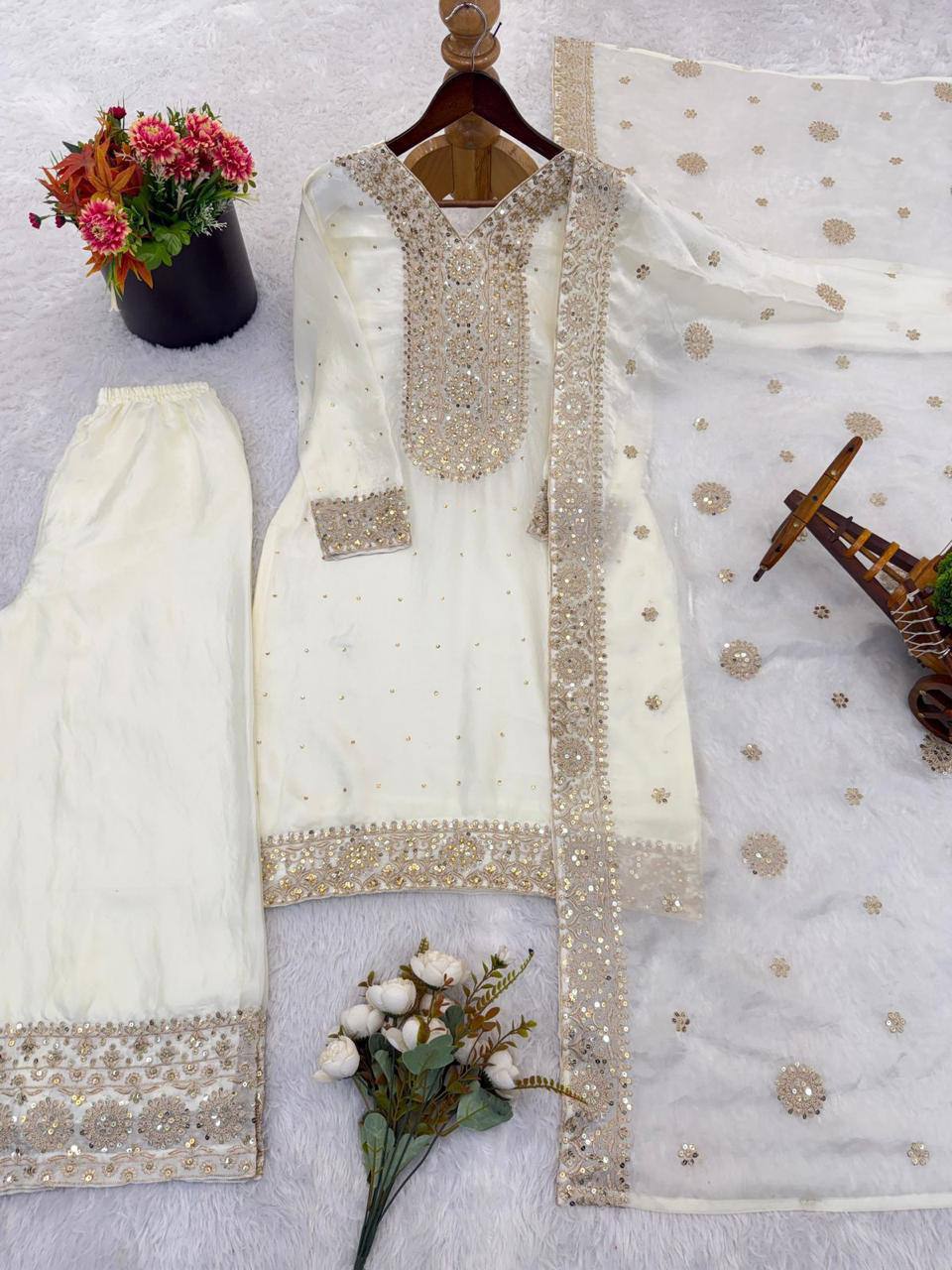 Premium Fendy Silk Top, Plazzo & Dupatta – Heavy Sequins Embroidery
