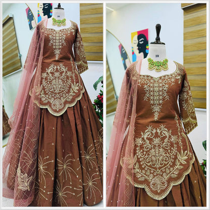 Premium Simmer Silk Top, Lehenga & Dupatta – Sequins & Coding Embroidery Work