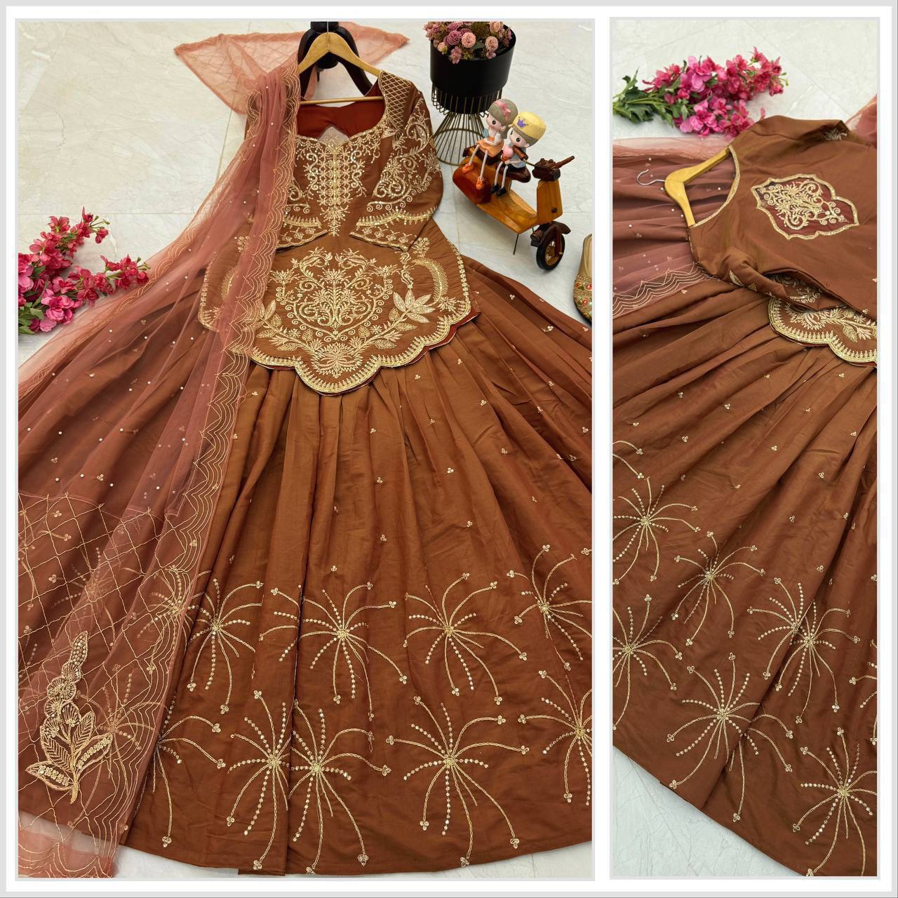 Premium Simmer Silk Top, Lehenga & Dupatta – Sequins & Coding Embroidery Work