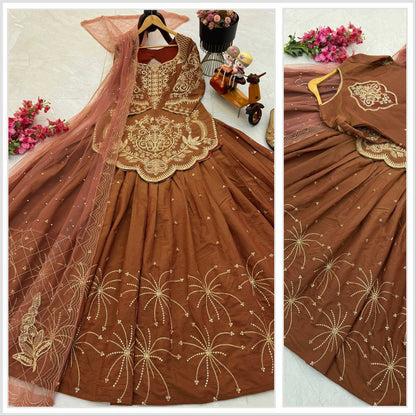 Premium Simmer Silk Top, Lehenga & Dupatta – Sequins & Coding Embroidery Work