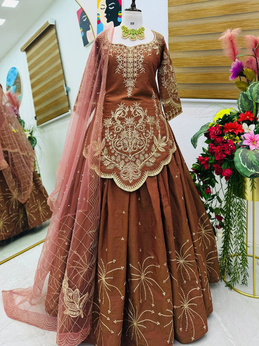 Premium Simmer Silk Top, Lehenga & Dupatta – Sequins & Coding Embroidery Work