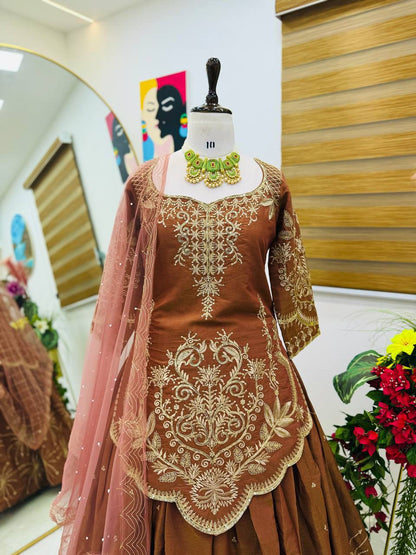Premium Simmer Silk Top, Lehenga & Dupatta – Sequins & Coding Embroidery Work