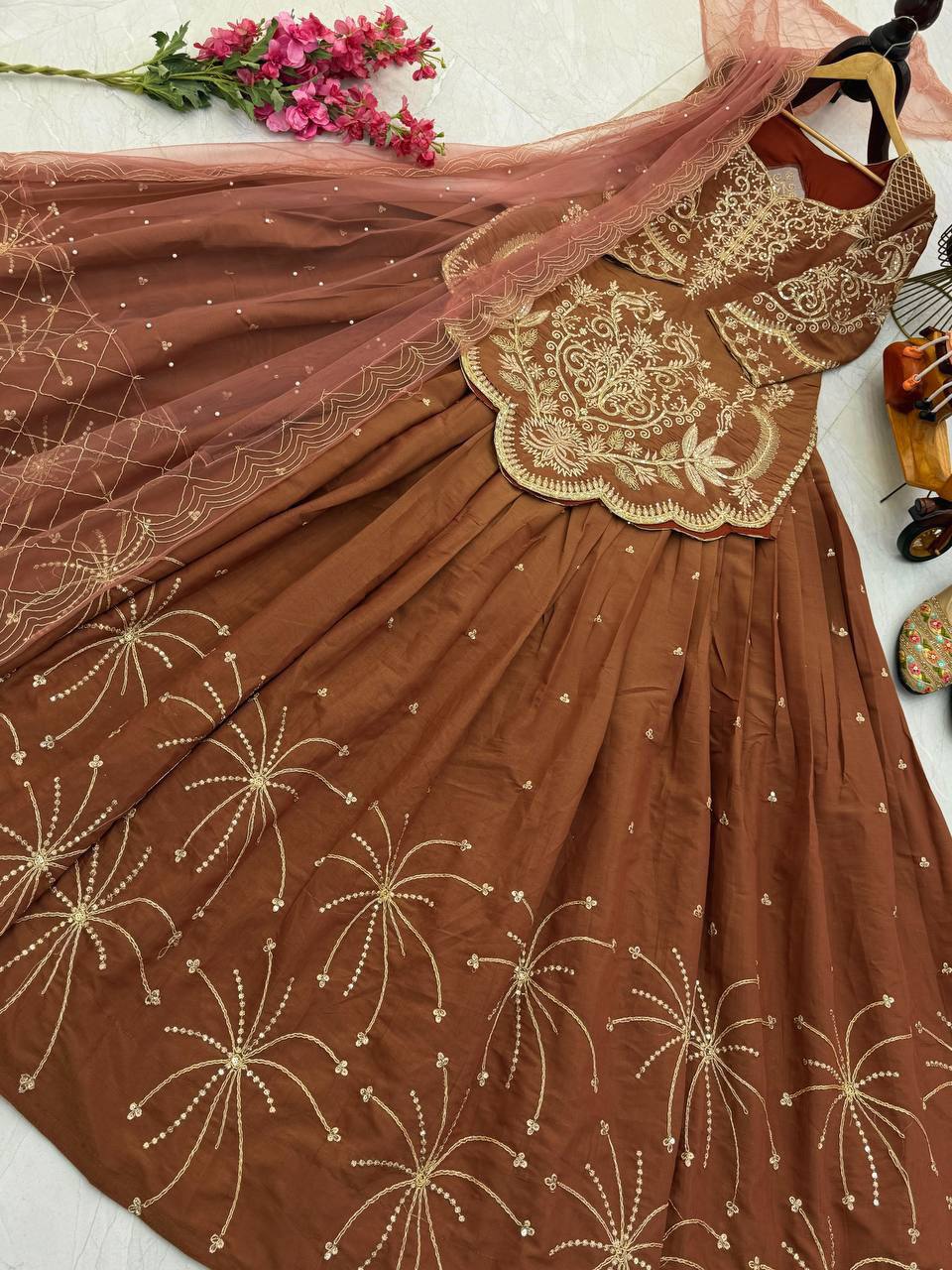 Premium Simmer Silk Top, Lehenga & Dupatta – Sequins & Coding Embroidery Work
