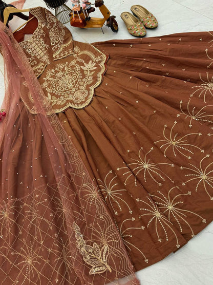 Premium Simmer Silk Top, Lehenga & Dupatta – Sequins & Coding Embroidery Work