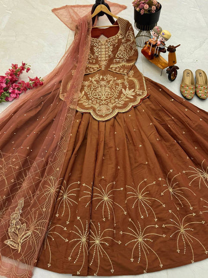 Premium Simmer Silk Top, Lehenga & Dupatta – Sequins & Coding Embroidery Work