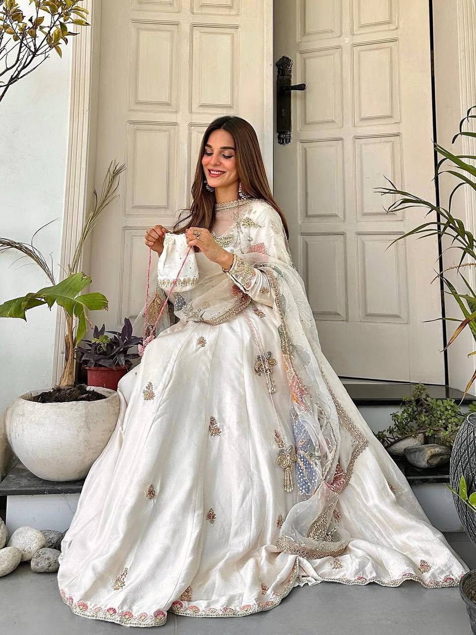 Premium Chinon Silk Gown, Plazzo & Dupatta – Sequins Embroidery