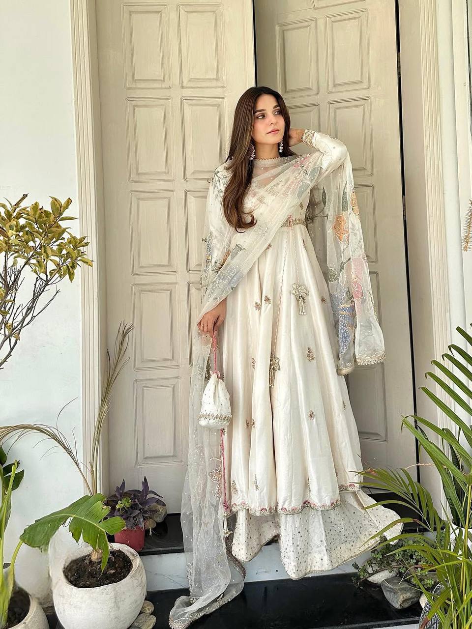 Premium Chinon Silk Gown, Plazzo & Dupatta – Sequins Embroidery