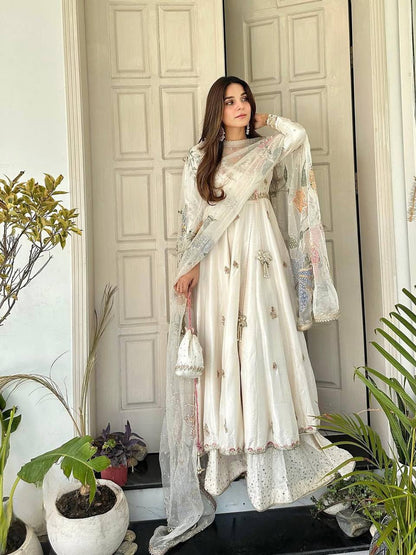 Premium Chinon Silk Gown, Plazzo & Dupatta – Sequins Embroidery