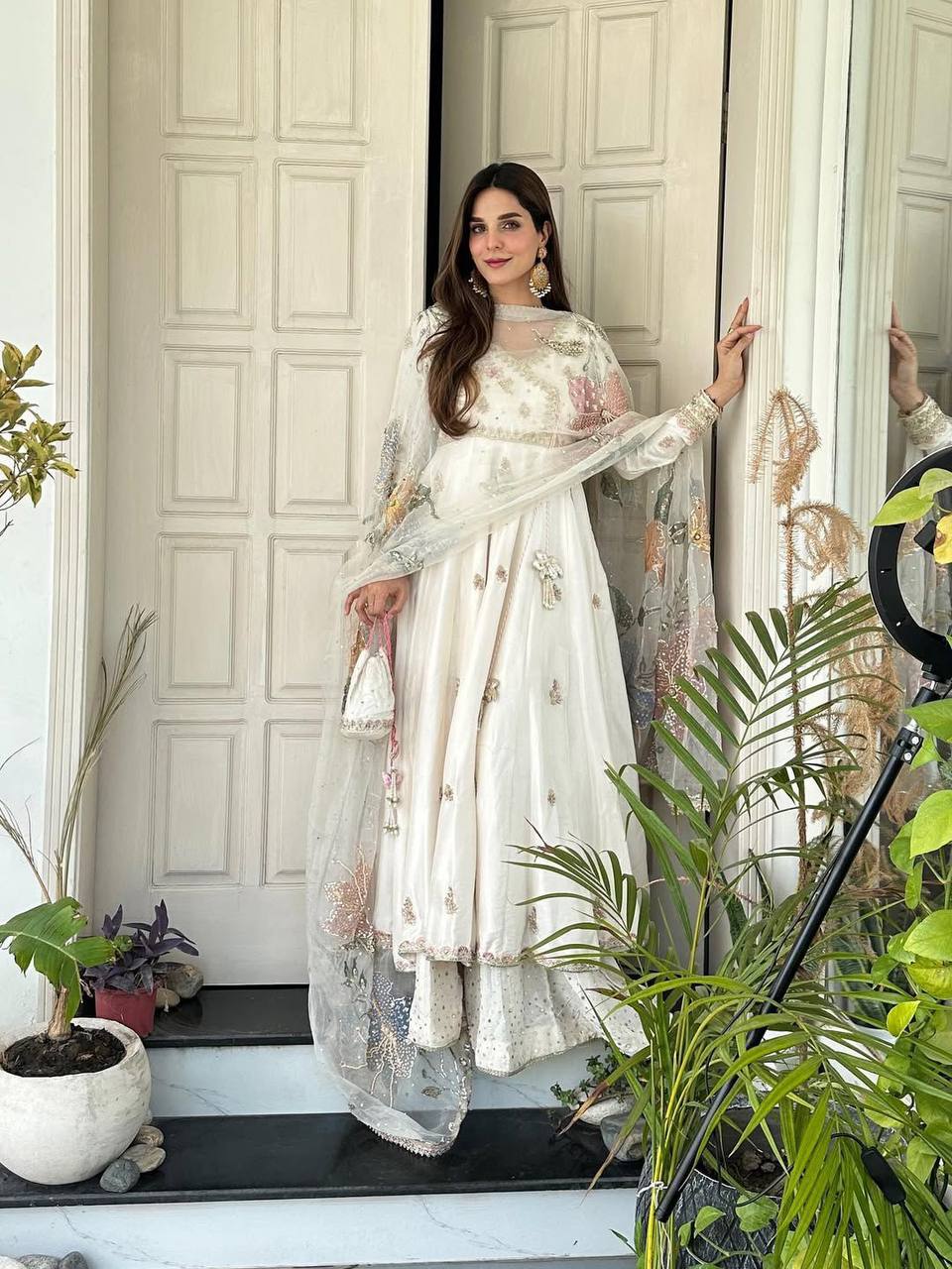 Premium Chinon Silk Gown, Plazzo & Dupatta – Sequins Embroidery