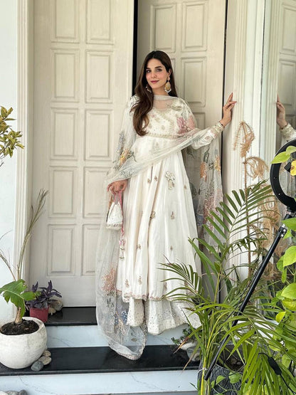 Premium Chinon Silk Gown, Plazzo & Dupatta – Sequins Embroidery