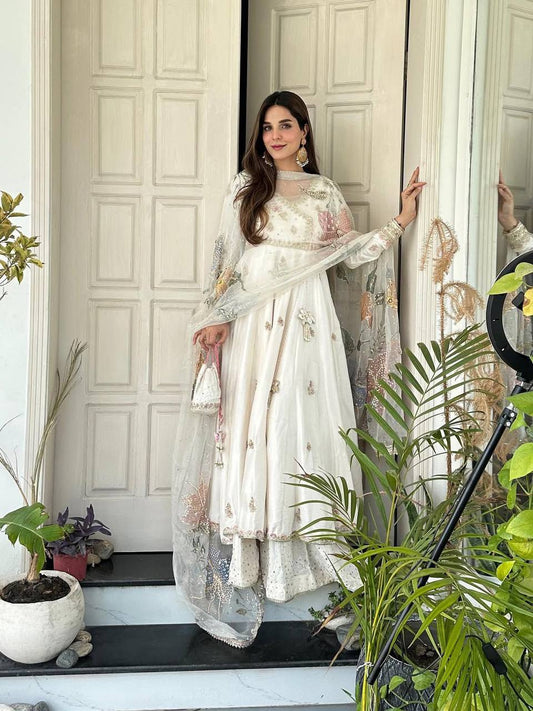 Premium Chinon Silk Gown, Plazzo & Dupatta – Sequins Embroidery