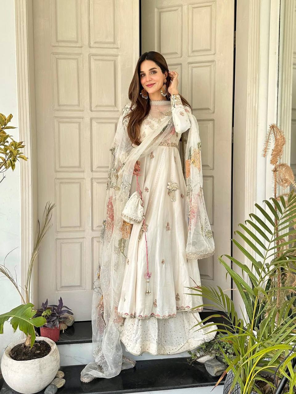 Premium Chinon Silk Gown, Plazzo & Dupatta – Sequins Embroidery