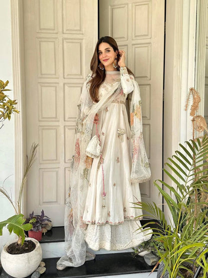 Premium Chinon Silk Gown, Plazzo & Dupatta – Sequins Embroidery