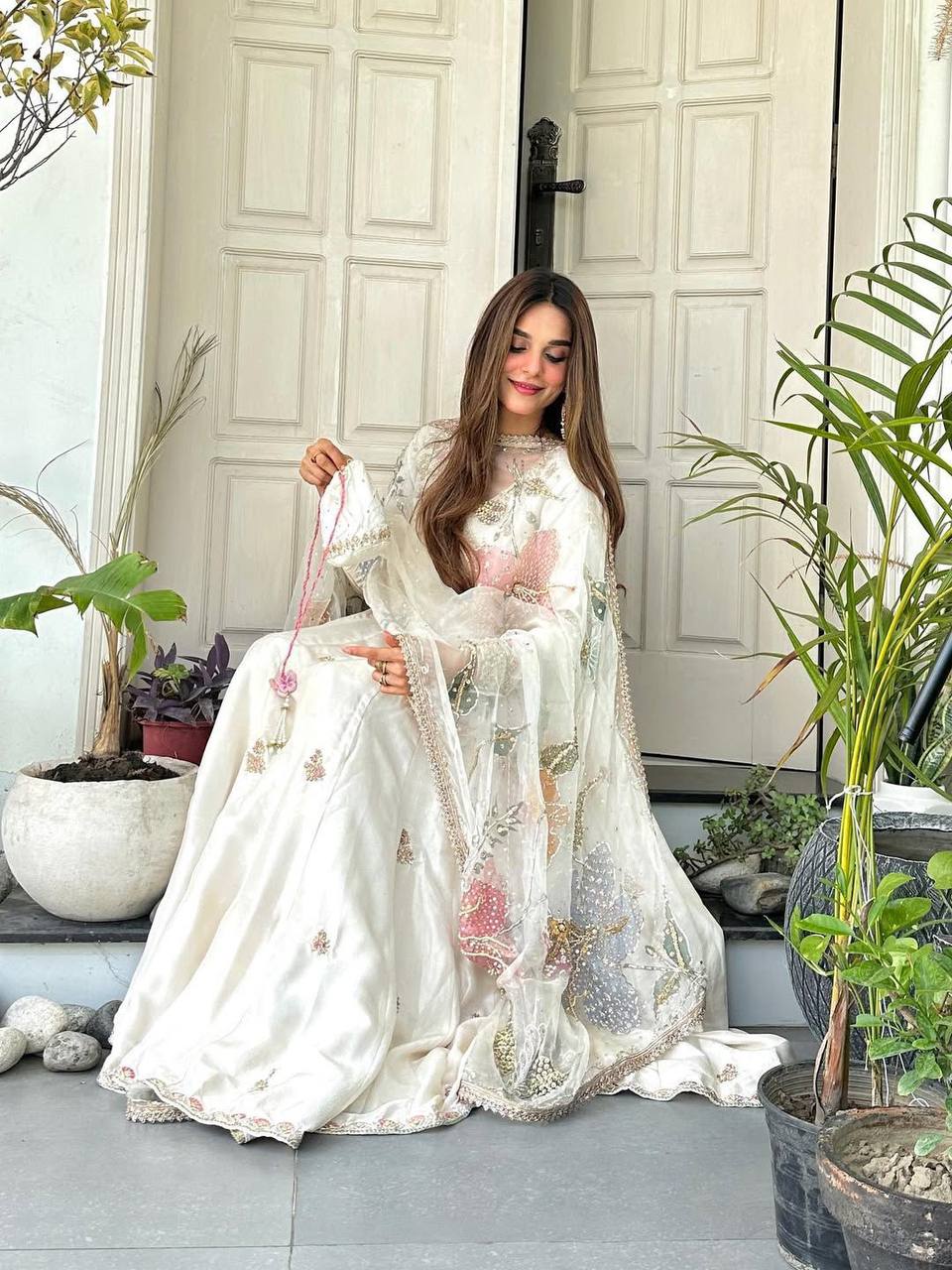 Premium Chinon Silk Gown, Plazzo & Dupatta – Sequins Embroidery