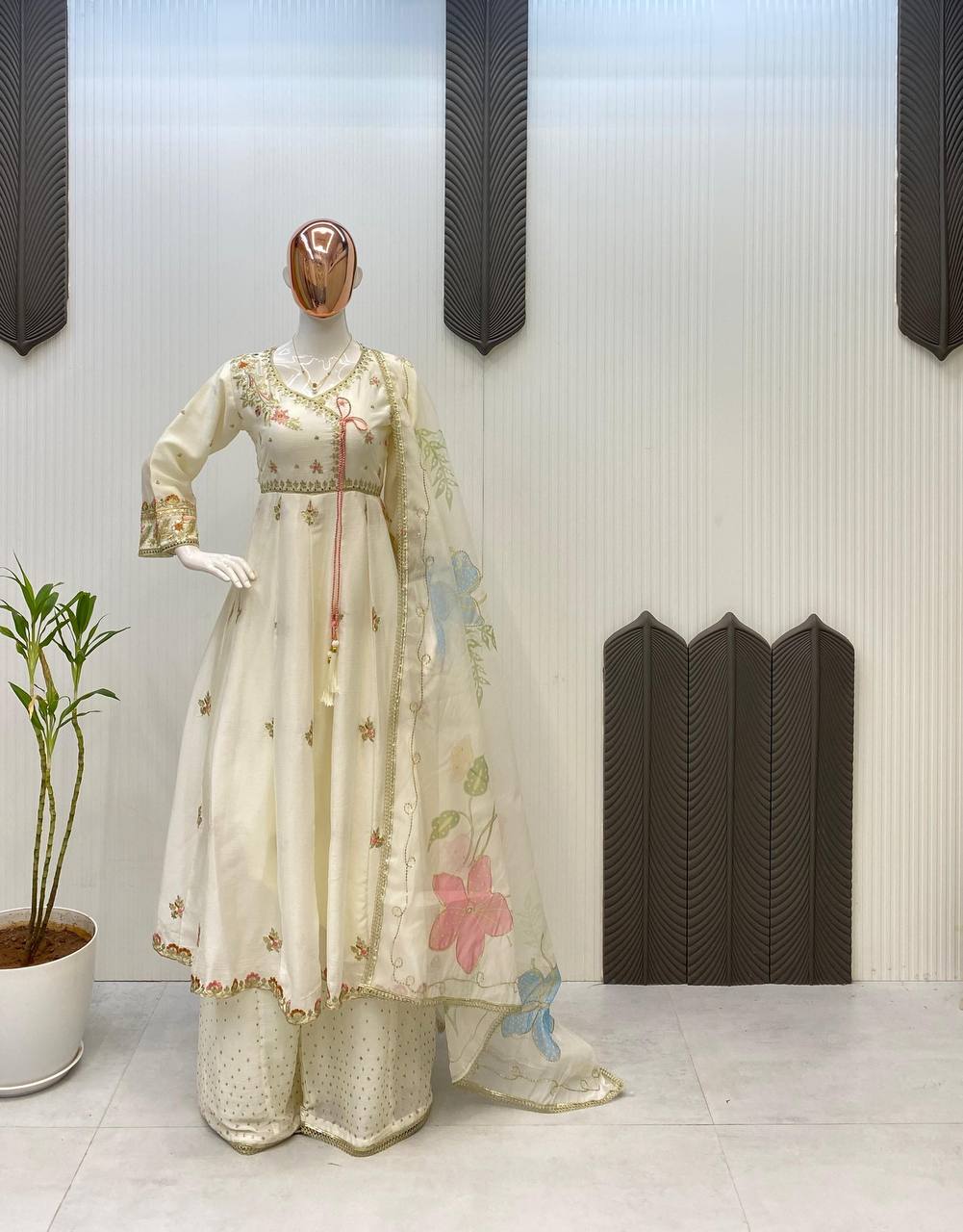 Premium Chinon Silk Gown, Plazzo & Dupatta – Sequins Embroidery