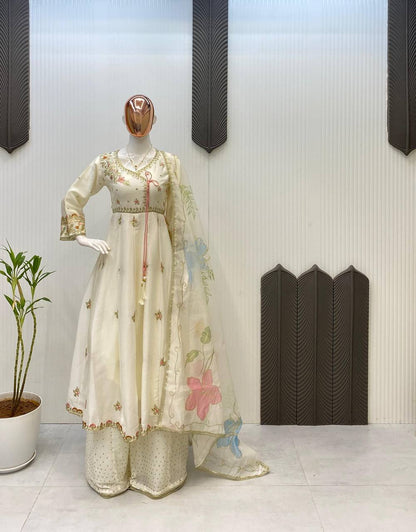 Premium Chinon Silk Gown, Plazzo & Dupatta – Sequins Embroidery