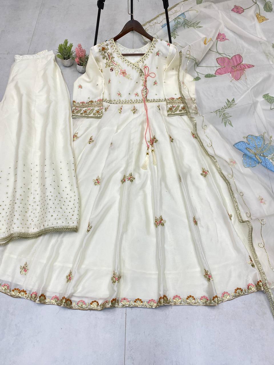Premium Chinon Silk Gown, Plazzo & Dupatta – Sequins Embroidery