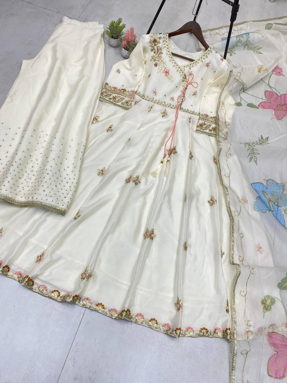 Premium Chinon Silk Gown, Plazzo & Dupatta – Sequins Embroidery
