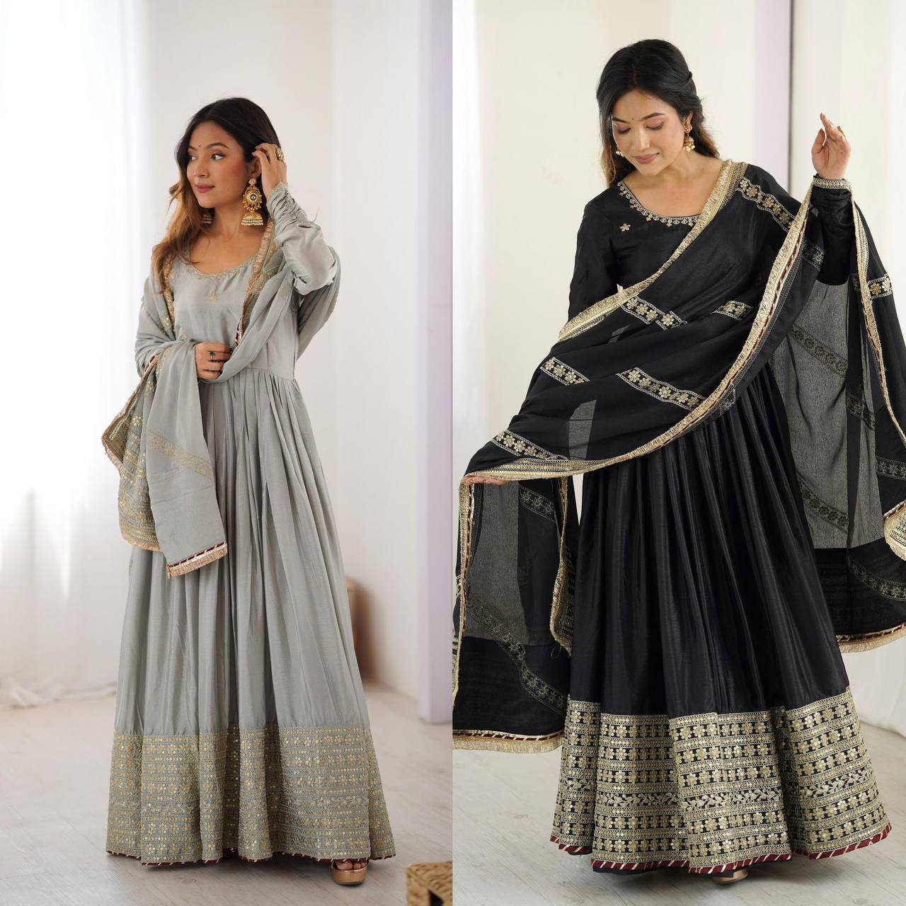 Premium Chinon Silk Gown Set – Sequins & Thread Embroidery