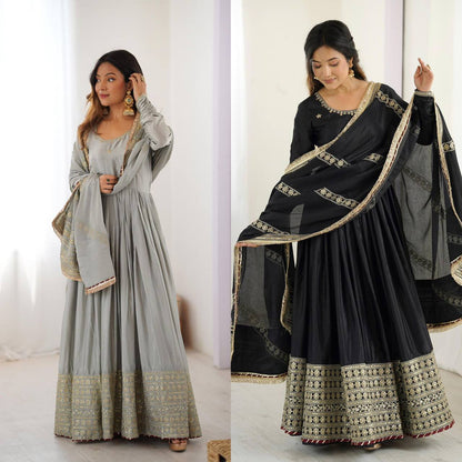 Premium Chinon Silk Gown Set – Sequins & Thread Embroidery