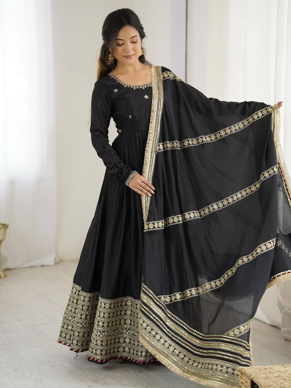 Premium Chinon Silk Gown Set – Sequins & Thread Embroidery