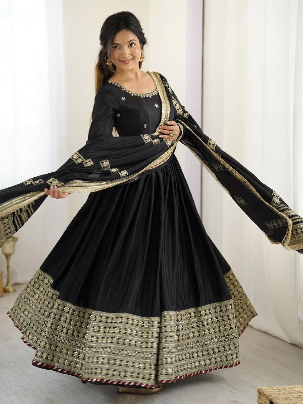 Premium Chinon Silk Gown Set – Sequins & Thread Embroidery