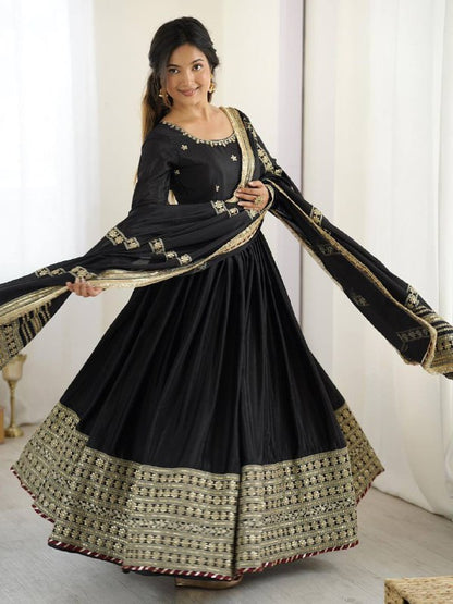 Premium Chinon Silk Gown Set – Sequins & Thread Embroidery