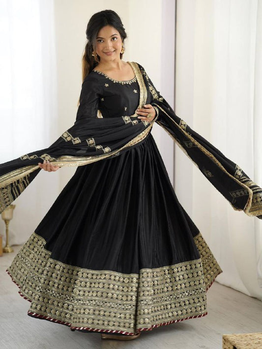 Premium Chinon Silk Gown Set – Sequins & Thread Embroidery