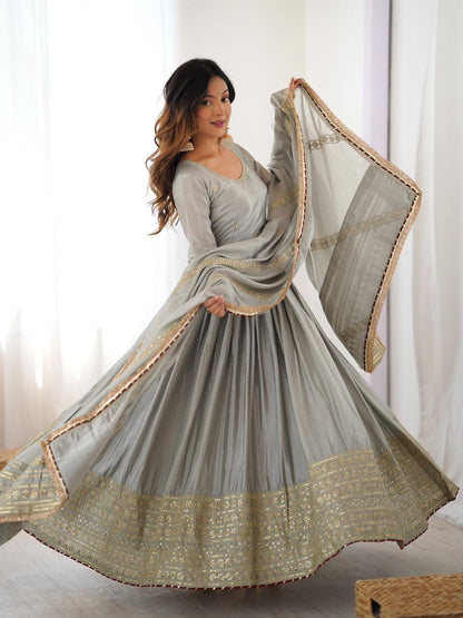 Premium Chinon Silk Gown Set – Sequins & Thread Embroidery