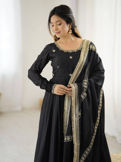 Premium Chinon Silk Gown Set – Sequins & Thread Embroidery