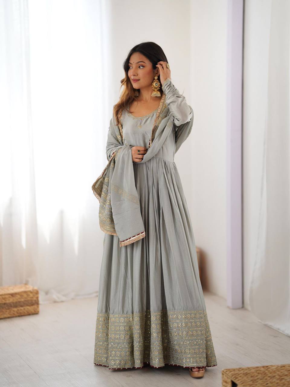 Premium Chinon Silk Gown Set – Sequins & Thread Embroidery