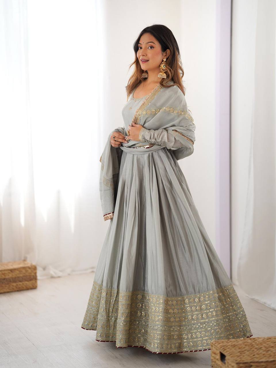 Premium Chinon Silk Gown Set – Sequins & Thread Embroidery