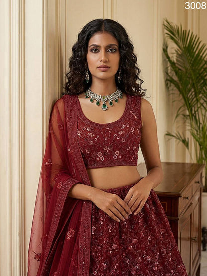 Premium Red Net Lehenga Choli – Dori & Multi‑Thread Embroidery