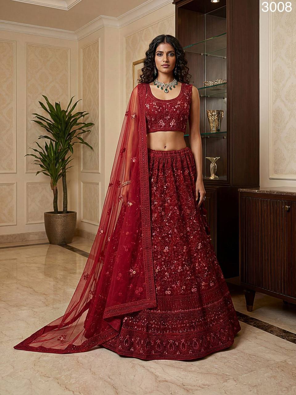 Premium Red Net Lehenga Choli – Dori & Multi‑Thread Embroidery