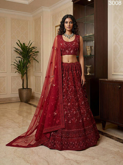 Premium Red Net Lehenga Choli – Dori & Multi‑Thread Embroidery