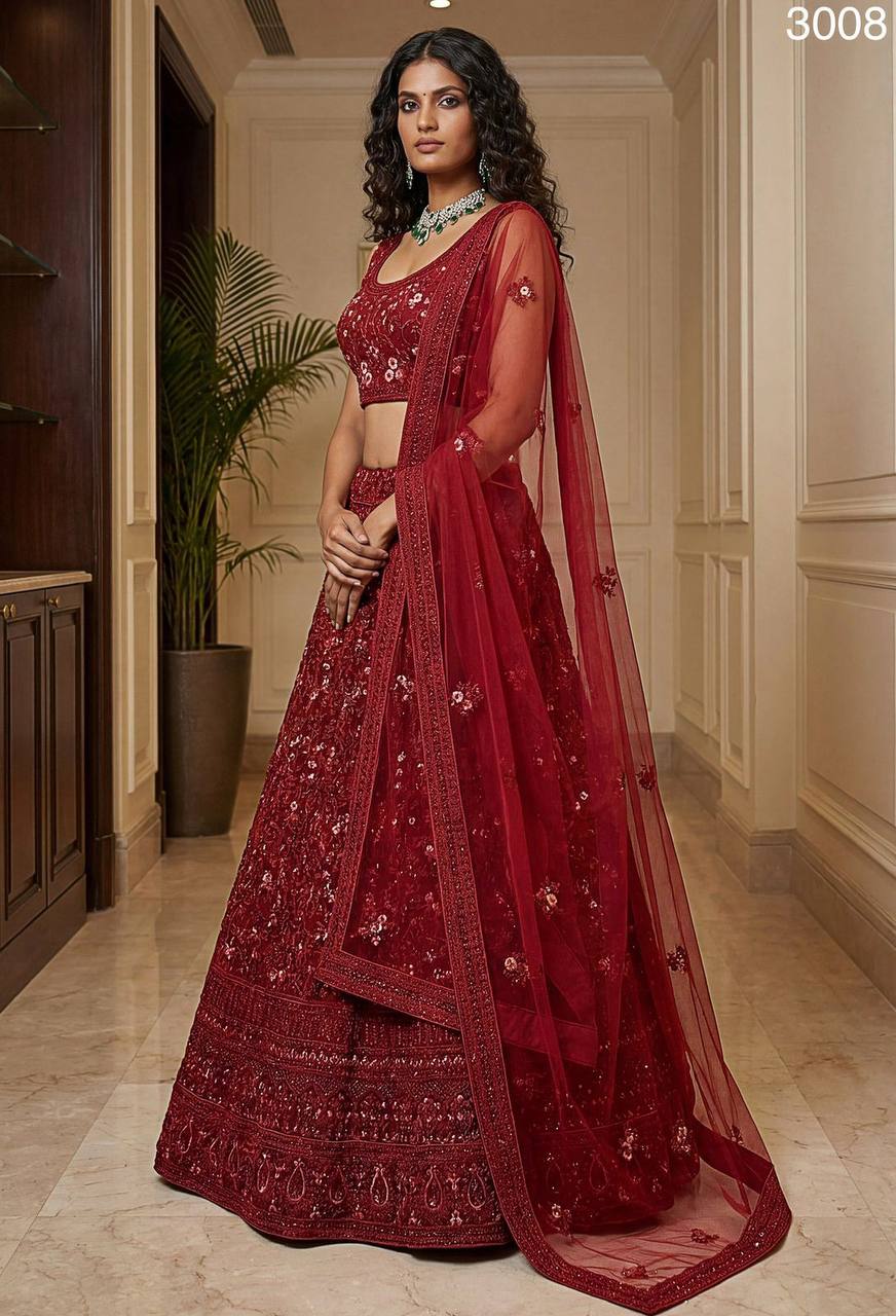 Premium Red Net Lehenga Choli – Dori & Multi‑Thread Embroidery