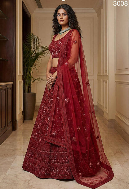 Premium Red Net Lehenga Choli – Dori & Multi‑Thread Embroidery