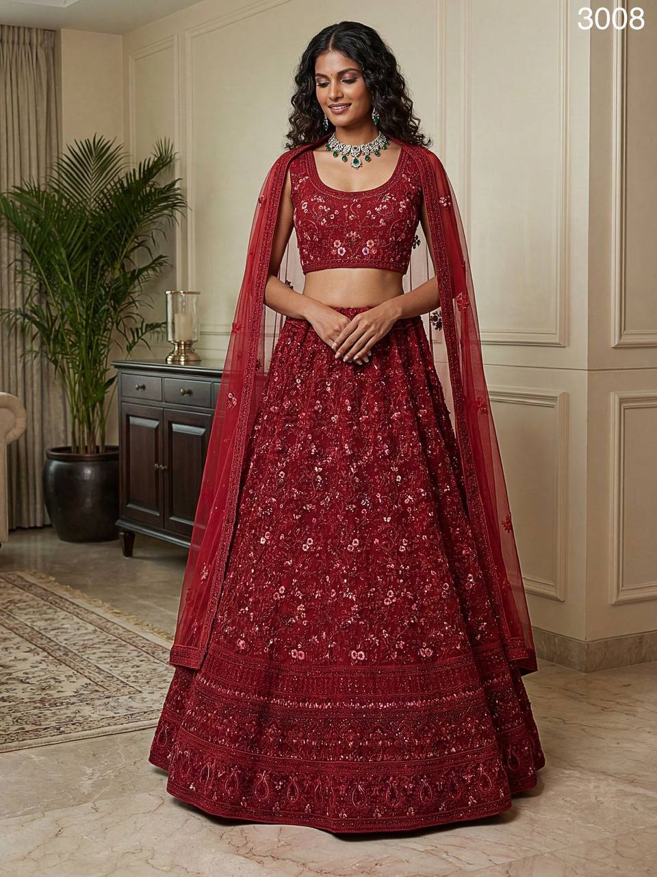 Premium Red Net Lehenga Choli – Dori & Multi‑Thread Embroidery