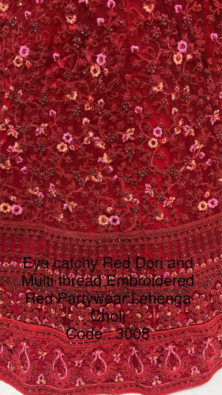 Premium Red Net Lehenga Choli – Dori & Multi‑Thread Embroidery